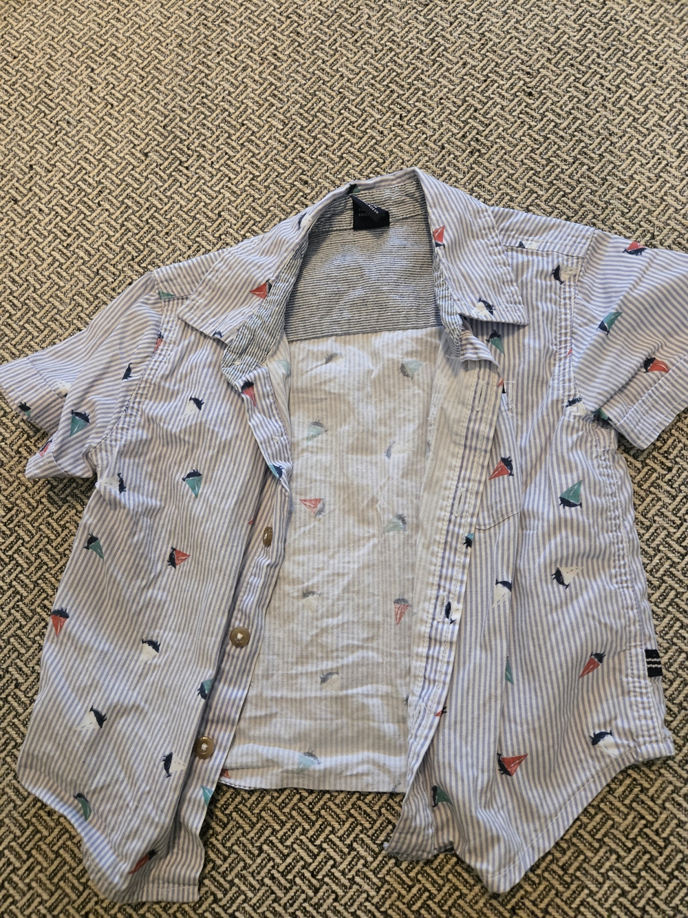 Nautica Light Blue Striped Short-Sleeve Button-Down with Sailboat Print